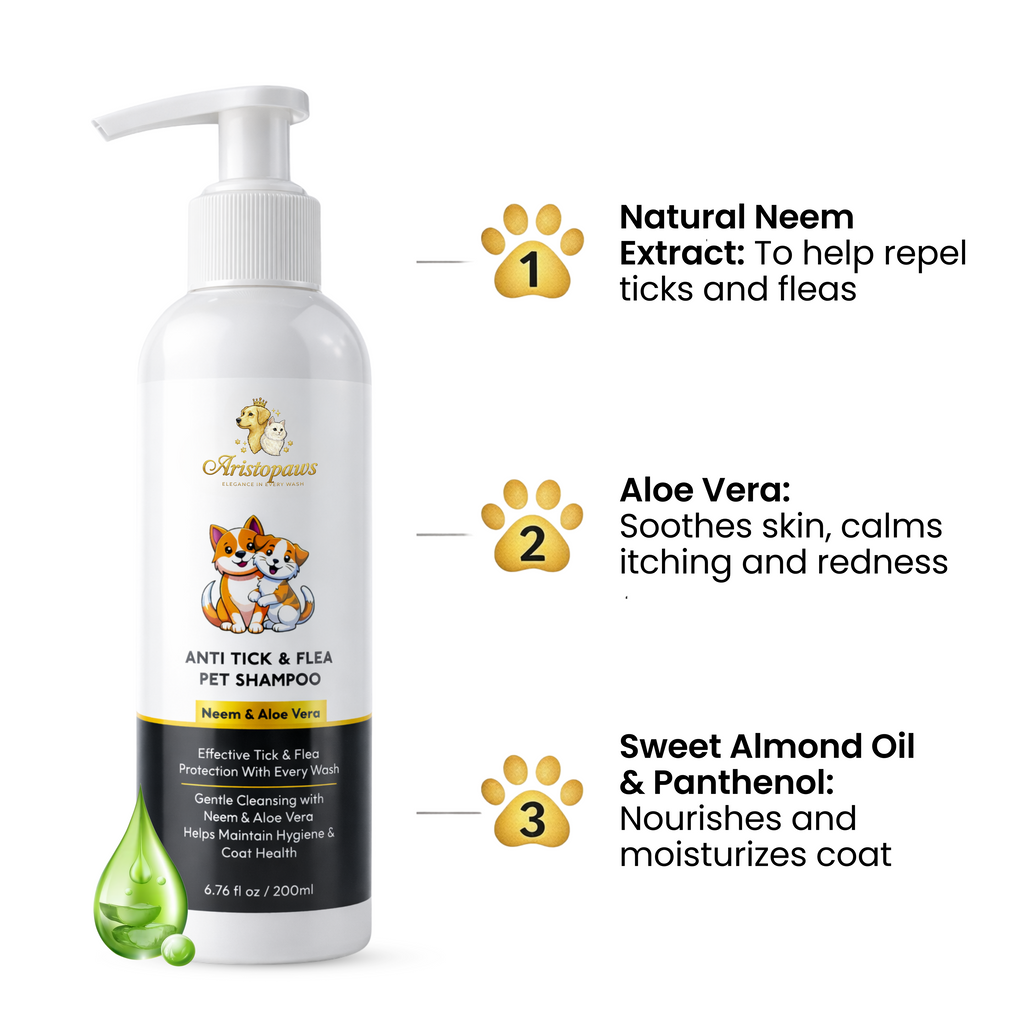 Aristopaws Anti Tick & Flea Pet Shampoo with Neem & Aloe Vera – Gentle Cleansing for Dogs & Cats (200 ml)