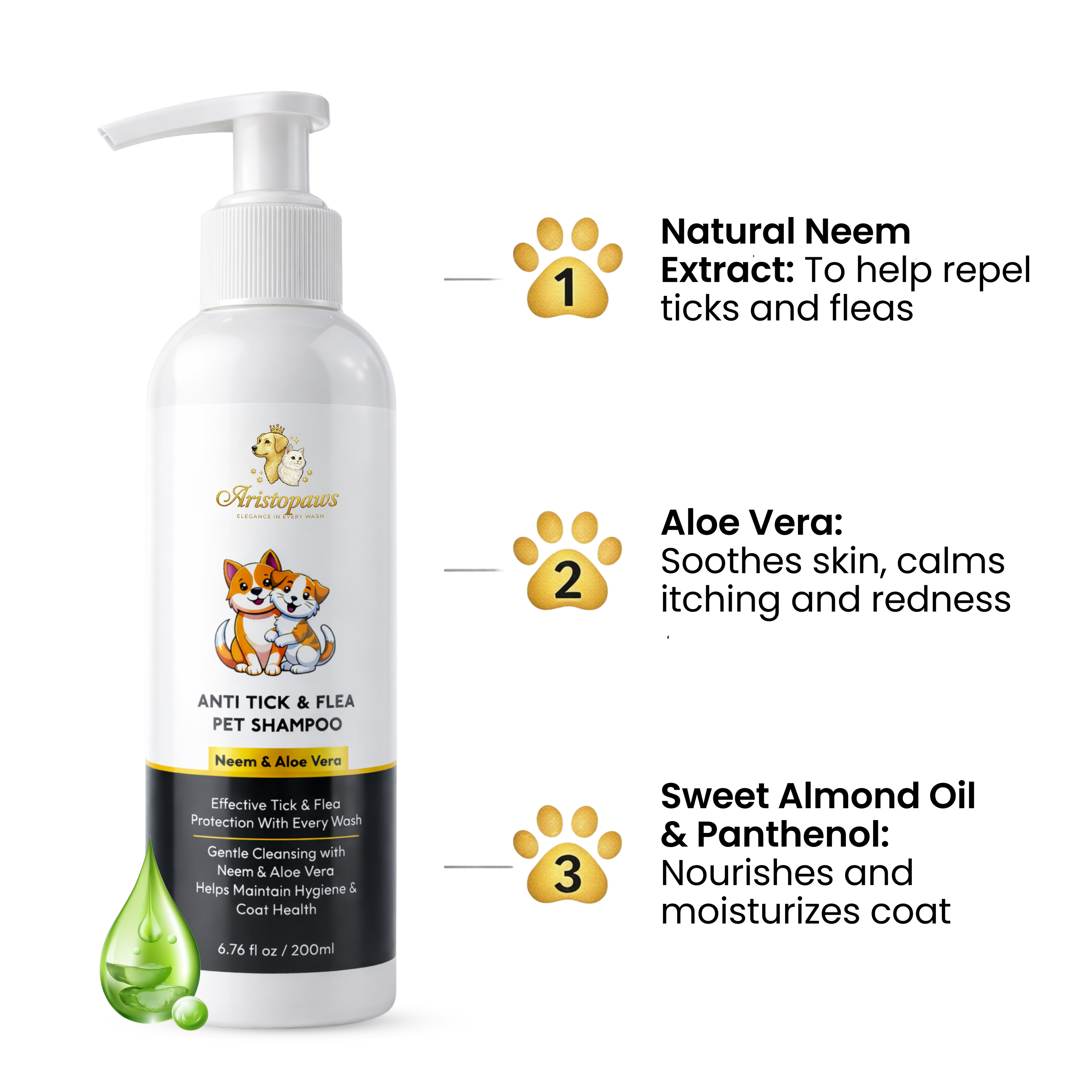 Aristopaws Anti Tick & Flea Pet Shampoo with Neem & Aloe Vera – Gentle Cleansing for Dogs & Cats (200 ml)