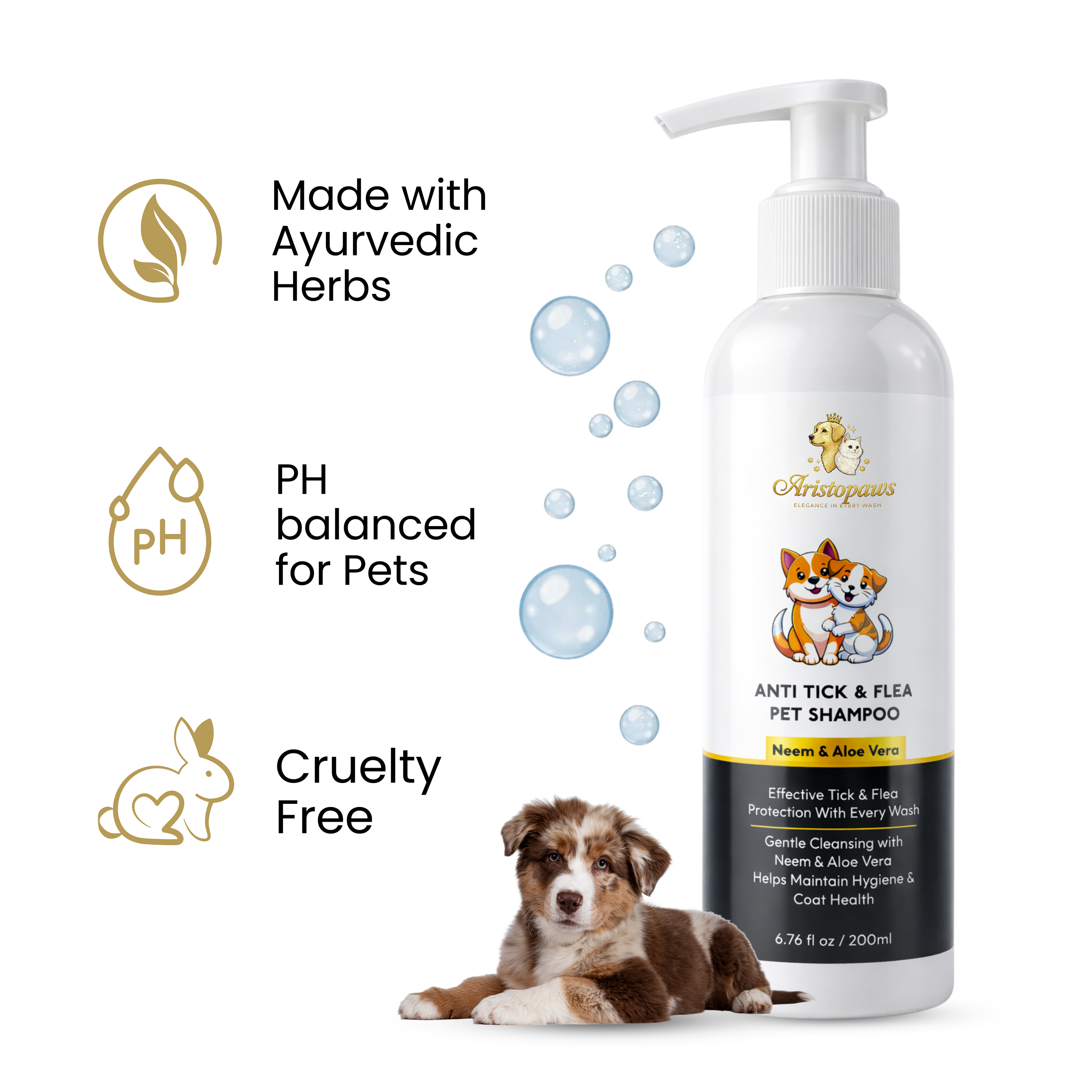 Aristopaws Anti Tick & Flea Pet Shampoo with Neem & Aloe Vera – Gentle Cleansing for Dogs & Cats (200 ml)