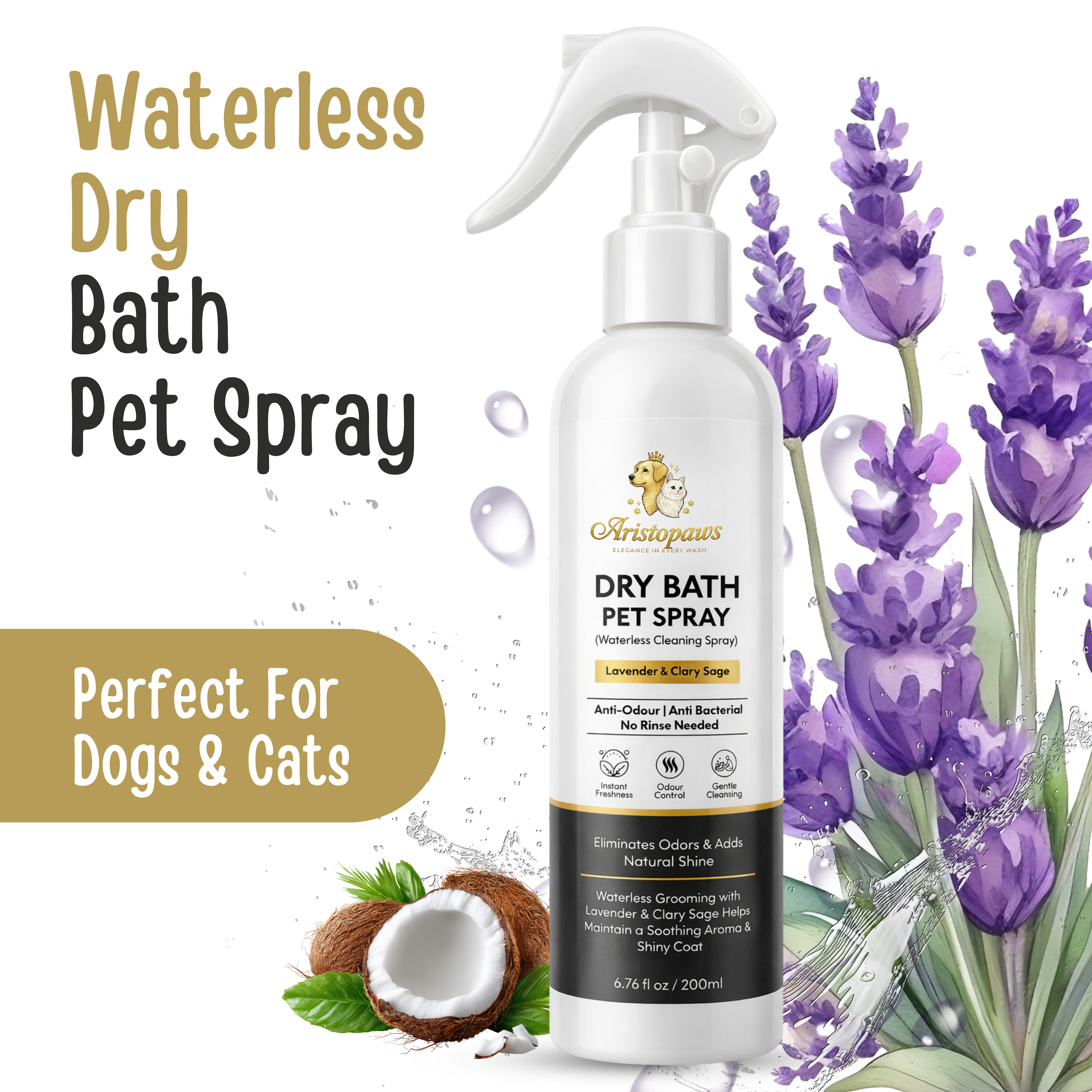 Aristopaws Waterless Dry Bath Spray for Dogs & Cats No-Rinse Pet Shampoo with Lavender & Clary Sage | 200 ml