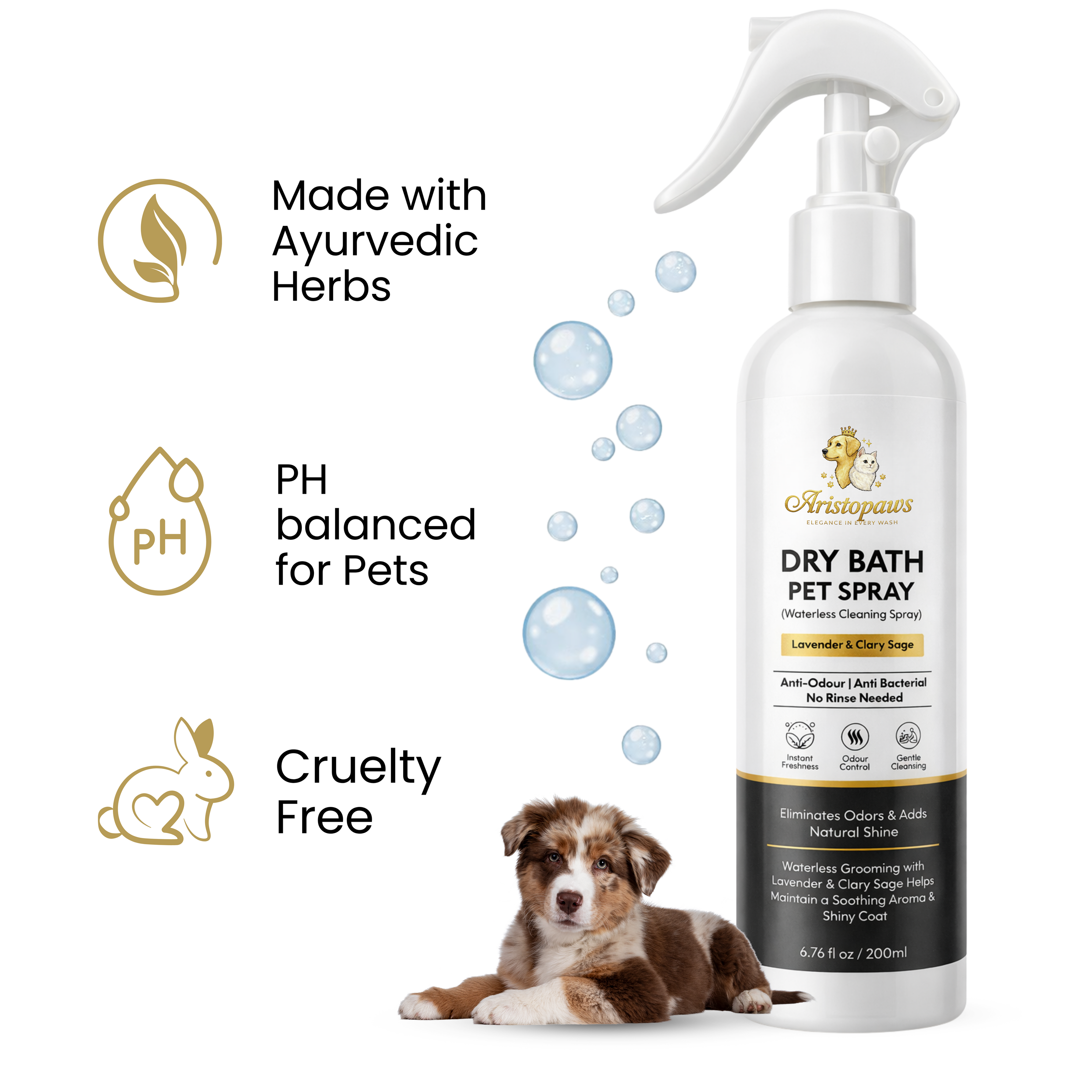 Aristopaws Waterless Dry Bath Spray for Dogs & Cats No-Rinse Pet Shampoo with Lavender & Clary Sage | 200 ml